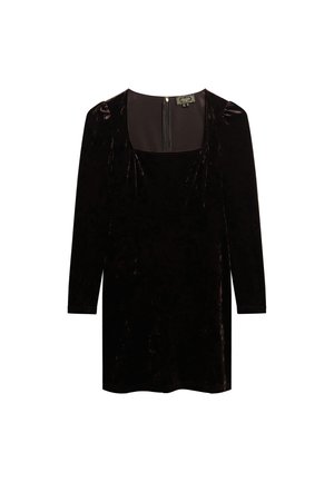 Czarna aksamitna sukienka z długim rękawem, z kwadratowym dekoltem i zamkiem z tyłu. Gładka tekstura z dopasowaną sylwetką.