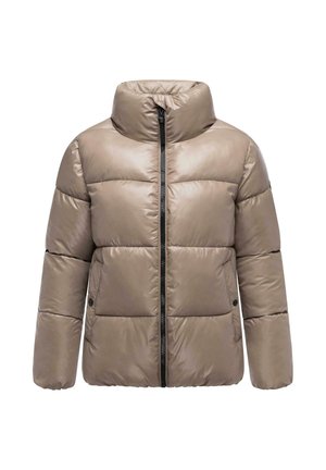 Doudoune en taupe clair avec un col haut, fermeture éclair sur le devant et un matelassage horizontal. Elle possède deux poches latérales et une texture lisse.