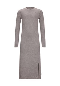 Abito grigio a maniche lunghe, in maglia a costine, con scollo a giro e spacco laterale, lunghezza al ginocchio, design semplice e aderente.