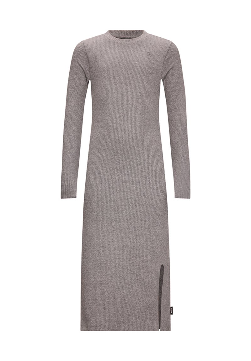 Abito grigio a maniche lunghe, in maglia a costine, con scollo a giro e spacco laterale, lunghezza al ginocchio, design semplice e aderente.