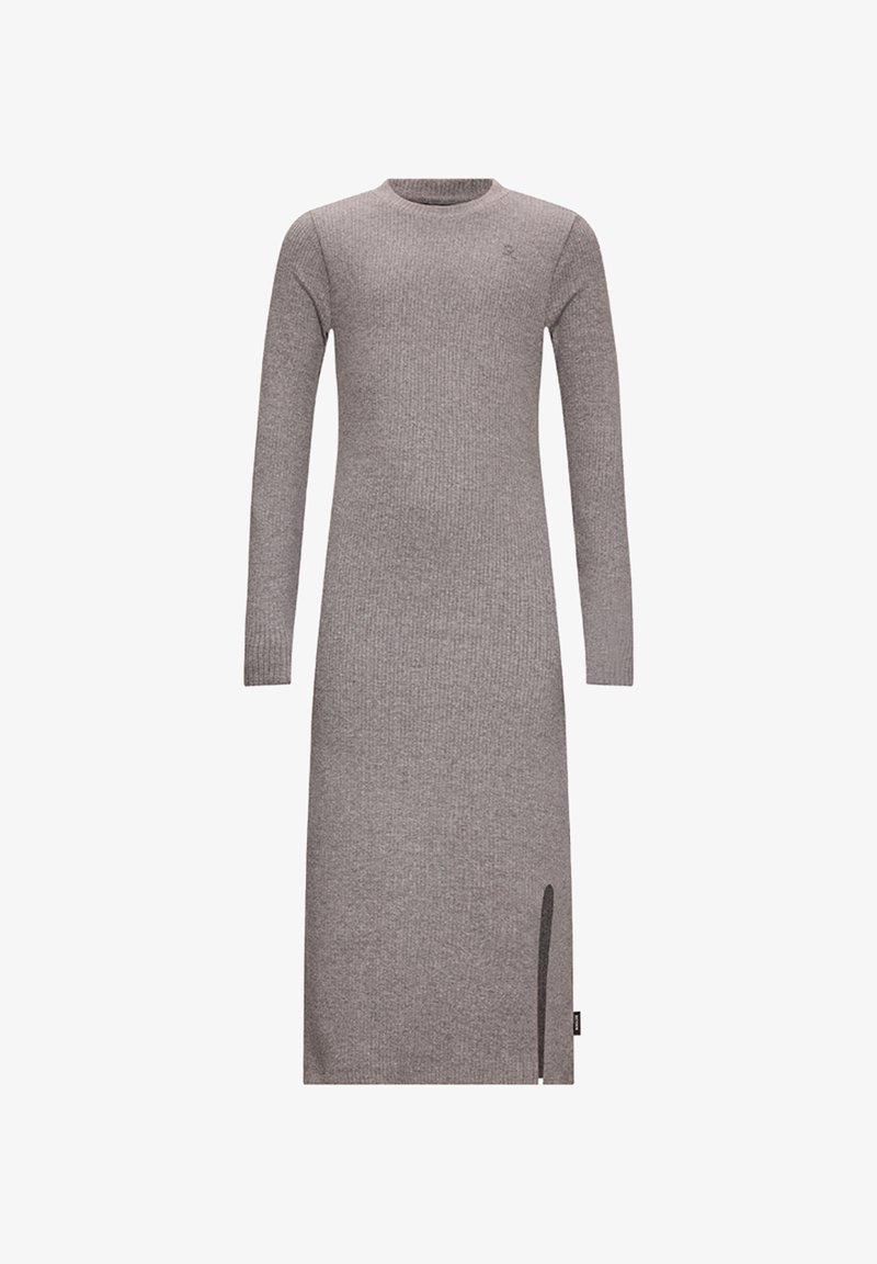 Abito grigio a maniche lunghe, in maglia a costine, con scollo a giro e spacco laterale, lunghezza al ginocchio, design semplice e aderente.