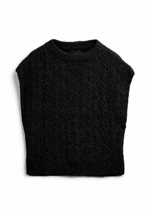Suéter negro de punto con textura de trenzado, mangas cortas y cuello redondo. El material parece suave y grueso para aportar calidez.