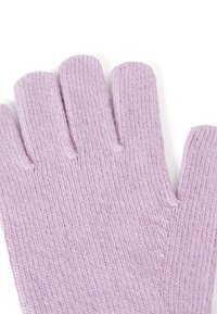 Světlé fialové pletené rukavice s ribbanou strukturou. Vyznačují se designem s pěti prsty a jemným švem podél okrajů.