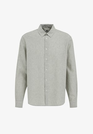 Světlě šedá košile s dlouhým rukávem na knoflíky, s špičatým límečkem a jemným vzorem svislých pruhů.