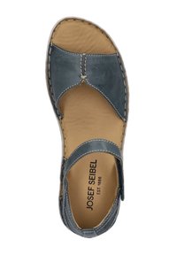 Harmaa nahkainen sandaali avonaisella varvasosalla, ommelluilla yksityiskohdilla, säädettävällä hihnalla ja pehmeällä beigellä pohjallisella. Kevyt ja rento tyyli.