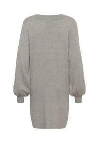 Pull gris avec un col bateau, de longues manches ballon et des poignets et un ourlet côtelés. Texture douce avec une coupe décontractée et couleur unie.