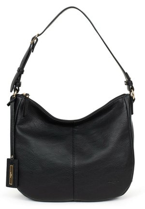 Borsa a tracolla in pelle nera con forma curvata, superficie testurizzata, tracolla regolabile e dettagli in metallo dorato. Scomparto principale con zip.