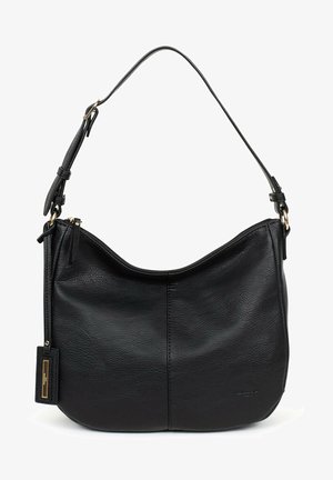 Schwarze Leder-Schultertasche mit geschwungener Form, strukturiertem Oberflächenmaterial, verstellbarem Tragegurt und Akzenten aus goldfarbenem Metall. Mit Reißverschluss gesicherter Hauptfach.