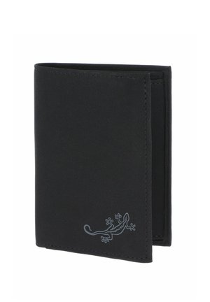 Portefeuille noir bifold avec bords cousus et petit logo gris de lézard dans le coin inférieur droit sur la face avant.