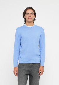 Suéter de manga longa azul claro em um tecido de malha suave com gola redonda, usado sobre jeans cinza escuro. Design simples e clássico.