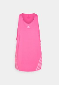 Vaatehihaton vaaleanpunainen urheilutoppi, joka on valmistettu kevyestä kankaasta. Se on varustettu pyöreällä kaula-aukkolla ja siinä on kolme valkoista viistoa raitaa sivulla.