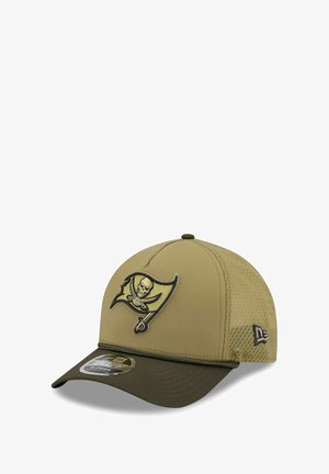 Khaki baseball cap with mesh sides and a dark green visor, featuring an embroidered pirate flag logo in black and gold on the front.