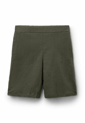 Olivengroene knielange korte broek met een platte tailleband en zonder zichtbare zakken of knopen, weergegeven op een witte achtergrond.