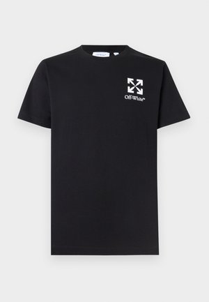 Μαύρο κοντομάνικο μπλουζάκι με λευκό λογότυπο Off-White και γραφικό βέλους στο πάνω αριστερό μέρος του στήθους, με λαιμόκοψη.