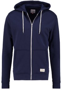 Marineblauwe rits-hoodie met een voorrits, trekkoord capuchon, twee voorkzakken en een gestructureerde stof. Inclusief een klein labelaccent.