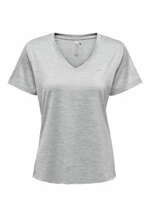 Lysegrå kvindes kortærmet V-hals T-shirt med subtil meleret struktur og lille logo på øverste venstre bryst.