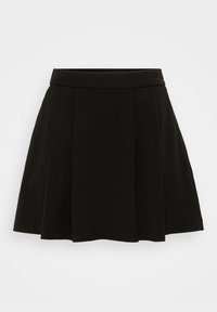 Jupe plissée noire avec une taille ajustée, en tissu doux, dotée d'une texture lisse et d'une forme évasée, idéale pour un style polyvalent.
