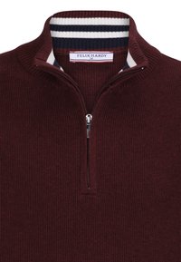 Burgundia villaseguise särk, millel on pooltõmbe kaelus. Omab ribakujundust ning tumesiniseid ja valgeid triibulisi aktsente kaelusel. Brändi silt on nähtav.