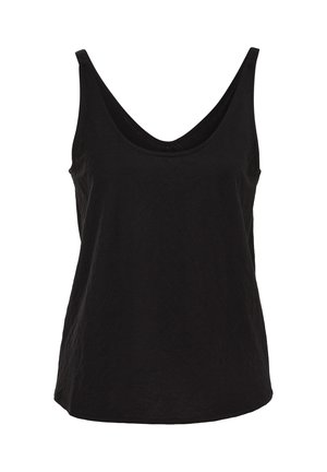 Top nero senza maniche con scollo rotondo e vestibilità comoda, mostrato su sfondo bianco.