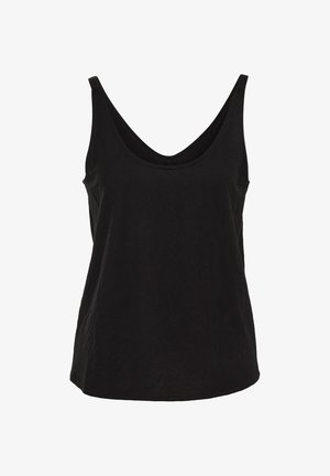 Zwarte mouwloze tanktop met ronde hals en relaxte pasvorm, getoond op een witte achtergrond.