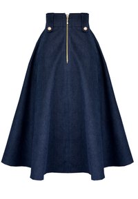 Granatowa spódnica z denimu o rozkloszowanym kroju, z zamkiem błyskawicznym z przodu i dwoma dekoracyjnymi guzikami na talji.