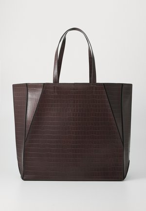 Brown, crocodile-patterned tote bag with black accents. Features rectangular shape, two handles, and a structured design.