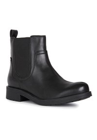 Botas de cuero negras hasta el tobillo con paneles laterales de elasticidad, punta redondeada y un tacón bajo. Textura suave y diseño sencillo.