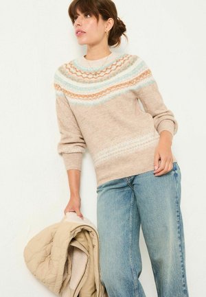 Beige Pullover mit gemusterten Farbstreifen in Hellblau, Orange und Creme, kombiniert mit hellblauen Weitbeinjeans und einem beigen Mantel.