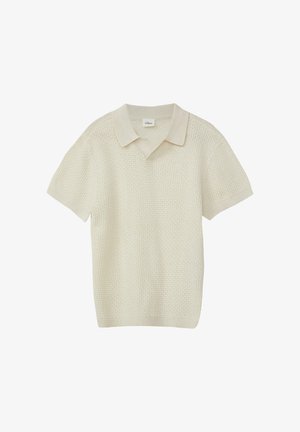 Polo en maille crème à manches courtes avec motif texturé et col, poignets et ourlet côtelés.
