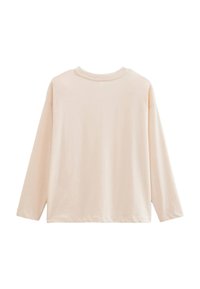 Chemise longue beige uni à manches longues avec col rond, présentée à plat montrant le dos, sur fond blanc.