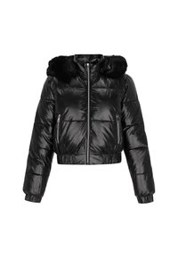 Czarna kurtka puchowa o błyszczącej powierzchni, krótki fason, z kapturem obszytym futrem, zamykanymi kieszeniami po bokach oraz ściągaczami przy rękawach i dolnej części.