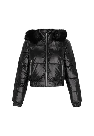 Giubbotto puffo nero con finitura lucida, design cropped, cappuccio con bordo di pelliccia, tasche laterali con zip e polsini a costine sulle maniche e sull'orlo.