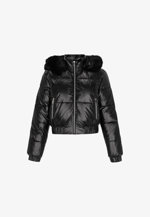Zwarte pufferjack met een glanzende afwerking, cropped ontwerp, capuchon met faux bont, ritszakken aan de zijkanten en geribbelde manchetten aan de mouwen en onderrand.