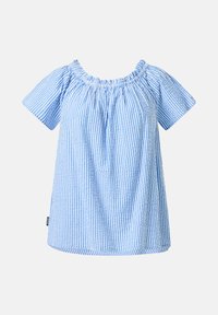 Blouse à rayures verticales bleues et blanches, manches courtes, encolure froncée élastiquée et coupe décontractée.