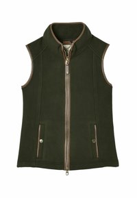 Olivgrüne Fleece-Weste mit hohem Kragen, goldenen Reißverschluss und braunen Akzenten. Verfügt über zwei Seitentaschen mit Druckknopfverschlüssen.