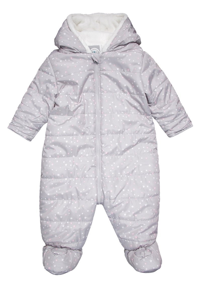 Grijze gewatteerde onesie met een capuchon, voorzien van een zachte witte voering, ritssluiting en een sterrenpatroon in roze en wit, met voetjes.