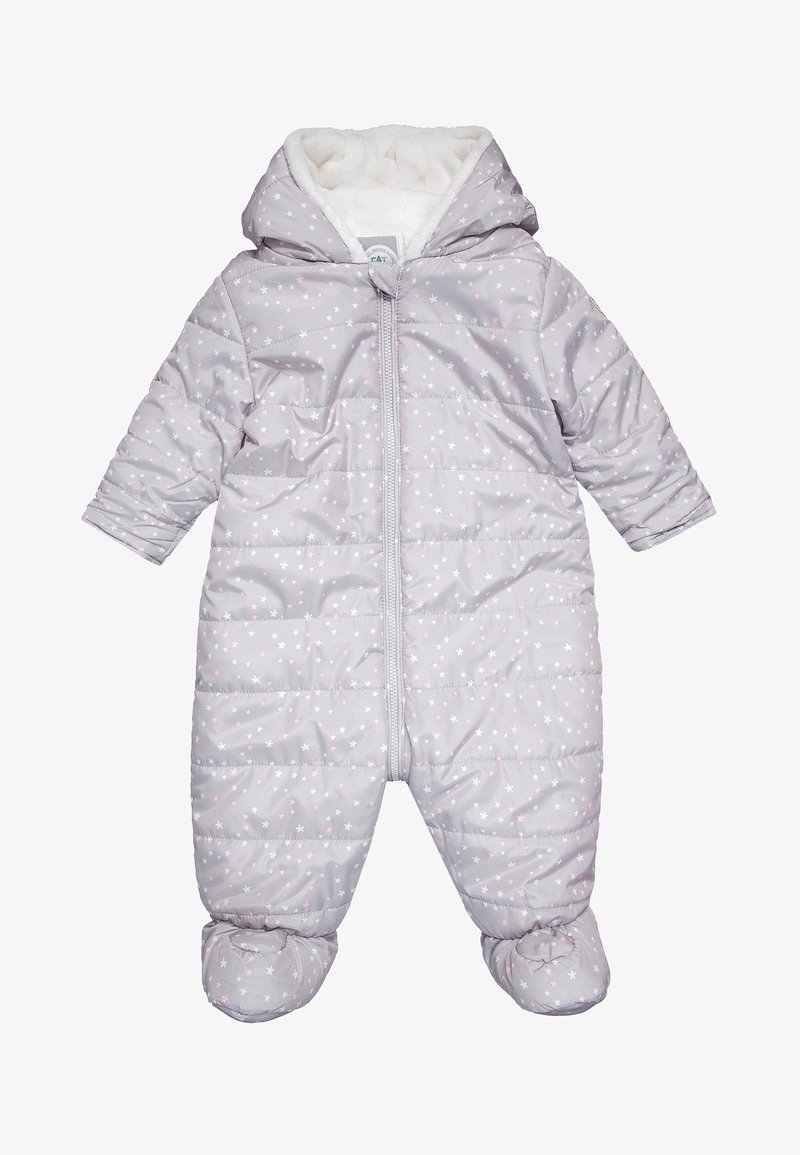 Grijze gewatteerde onesie met een capuchon, voorzien van een zachte witte voering, ritssluiting en een sterrenpatroon in roze en wit, met voetjes.