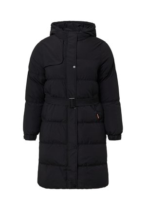 Mustan värvi puhvjakott vöökohaga, kapuutsiga ja esiste klamangudega. Omab rinna taskut ja elastseid mansette mugavuse tagamiseks.