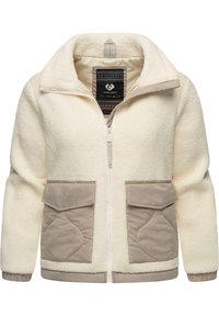 Crèmekleurige fleecejack met een rits, voorzien van quilted beige zakken en geribbelde manchetten, geschikt voor het laagjesprincipe en warmte.