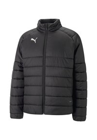 Giacca imbottita nera con colletto alto, design a righe orizzontali, zip frontale e logo Puma bianco sul lato sinistro del petto. Tessuto liscio.