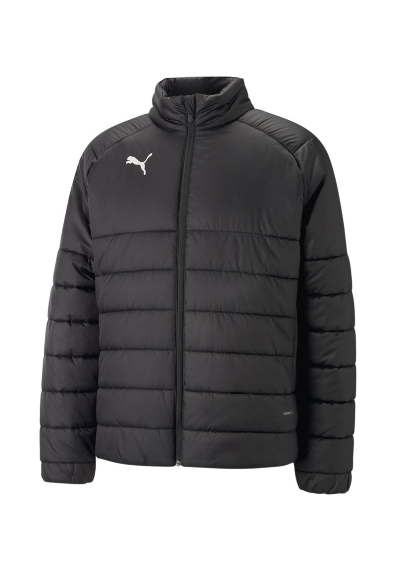 Giacca imbottita nera con colletto alto, design a righe orizzontali, zip frontale e logo Puma bianco sul lato sinistro del petto. Tessuto liscio.