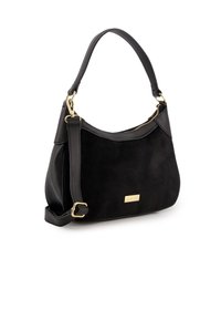 Schwarze Handtasche aus einer Kombination von glattem Leder und weichem Wildleder, mit strukturierter Form, goldfarbenen Beschlägen und einem verstellbaren Tragegurt.