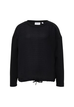 Schwarzes Langarmoberteil mit einer strukturierten Vorderseite, solidem Rückenteil und verstellbarem Kordelzugsaum. Weicher Stoff mit entspannter Passform.