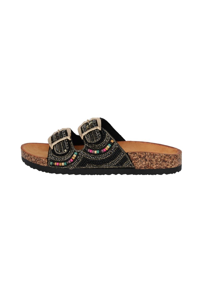 Sandalias deslizantes negras con dos hebillas ajustables, adornadas con cuentas de colores. Plantilla de corcho y suela de goma texturizada.