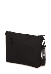 Černý textilní pytlík se zapínáním na zip v přední kapse, plochý obdélníkový tvar a odnímatelný popruh s texturovaným úchopem. Hladký, matný povrch.