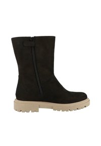 Black suede ankle boot with a side zipper, flat beige rubber sole, and a structured design. Features a smooth texture and clean lines.