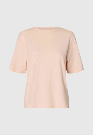 Hellrosa kurzärmliges T-Shirt mit Rundhalsausschnitt und lockerem Sitz, auf einem einfarbigen hellgrauen Hintergrund dargestellt.