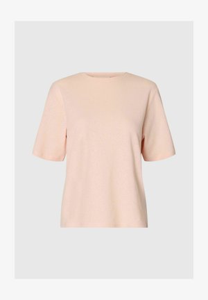 Hellrosa kurzärmliges T-Shirt mit Rundhalsausschnitt und lockerem Sitz, auf einem einfarbigen hellgrauen Hintergrund dargestellt.