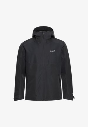 Zwarte waterdichte jas met capuchon, voorzien van een ritssluiting aan de voorkant, verstelbare manchetten en een logo op de linkerborst. Glad oppervlak, lichtgewicht ontwerp.