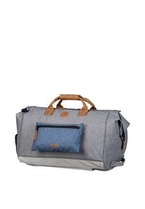 Gray duffel bag with brown handles and a blue zippered front pouch, set against a white background.